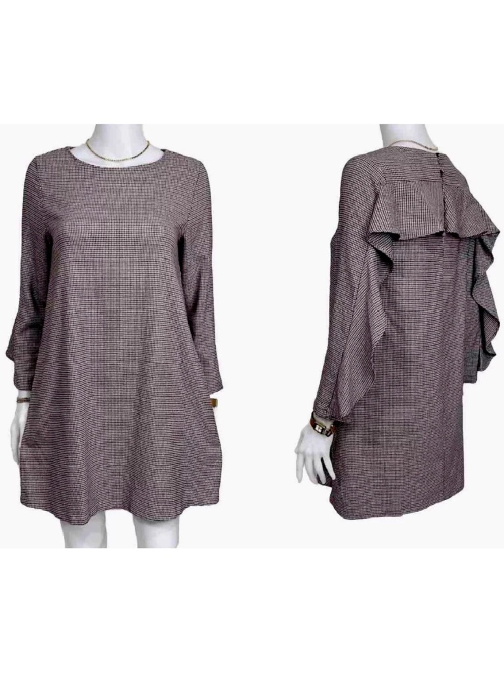 Zara Mauve Check Ruffle-Back Long Sleeve Mini Dress Monochrome Houndstooth